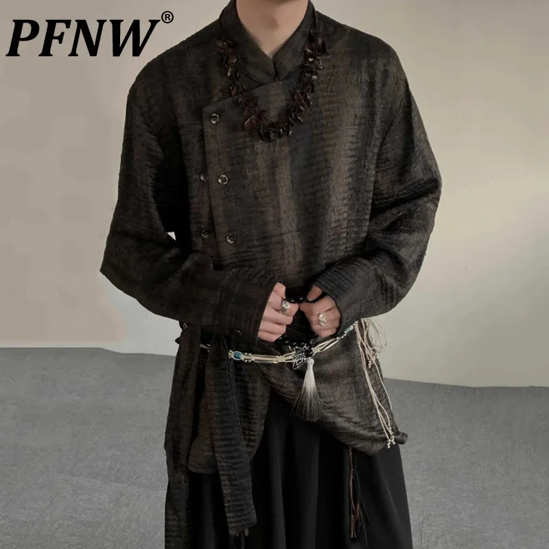 

PFNW New Chinese Style Men's Shirt Ribbon Tie-dye Single Breasted Pullover Long Sleeve Stand Collar Male Loose Top Autumn 12C955