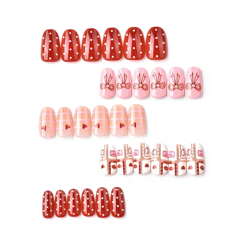 24 SZTUKI Uroczych Paznokci Sztucznych z Kokardkami, Perłami i Sercami, Krótkie Owalne Paznokcie Akrylowe do Naklejania, Słodki Delikatny Styl Ins, Manicure