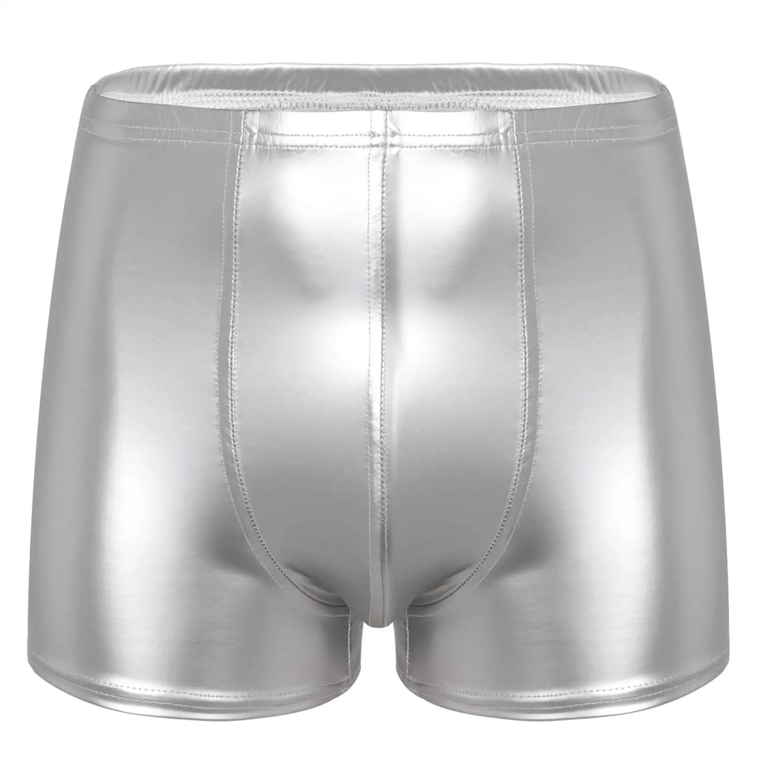 Mens Swimming Trunk Wet Look Patent Leather Shorts Bulge Pouch Boxer Briefs Shorts Elastic Waistband Short Pants Clubwear