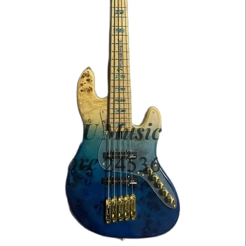 Blue bass 5 strings electric bass Burl maple top ash wood body roasted maple neck gold bridge active battery