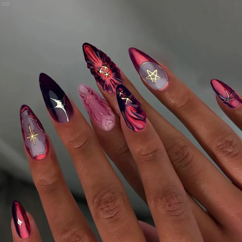 

24Pcs Red French Almond False Nails Star Ripple Design with Jelly Glue Press on Nails Tips Mid-length Round Datachable Fake Nail