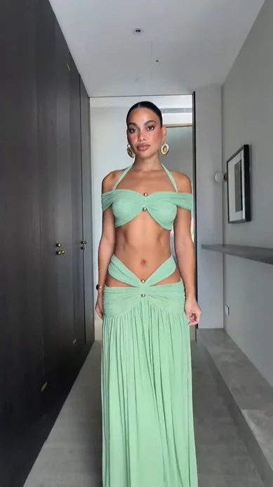 

Mint Green Two-piece Set Women's Off-shoulder Halter Neck Off-shoulder Crop Top Cutout Ruched Maxi Skirt Elegant Party Outfit