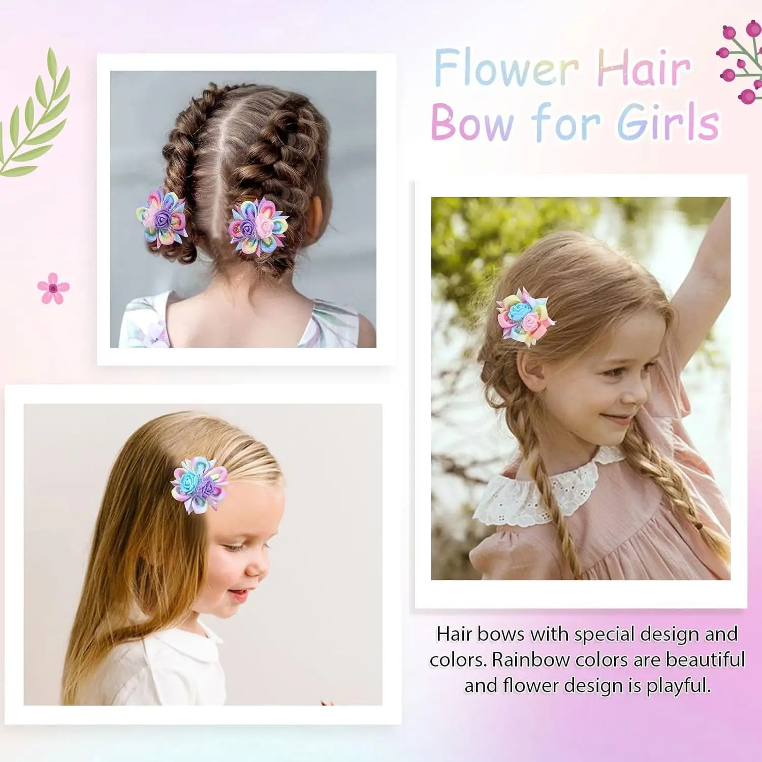 1 Paar Haarspangen mit Farbverlauf für Mädchen, Regenbogen-Blumen, dreidimensionaler Stoff-Haarschmuck, niedliche Seitenklammern, Kinder-Haarspange – Detail 4