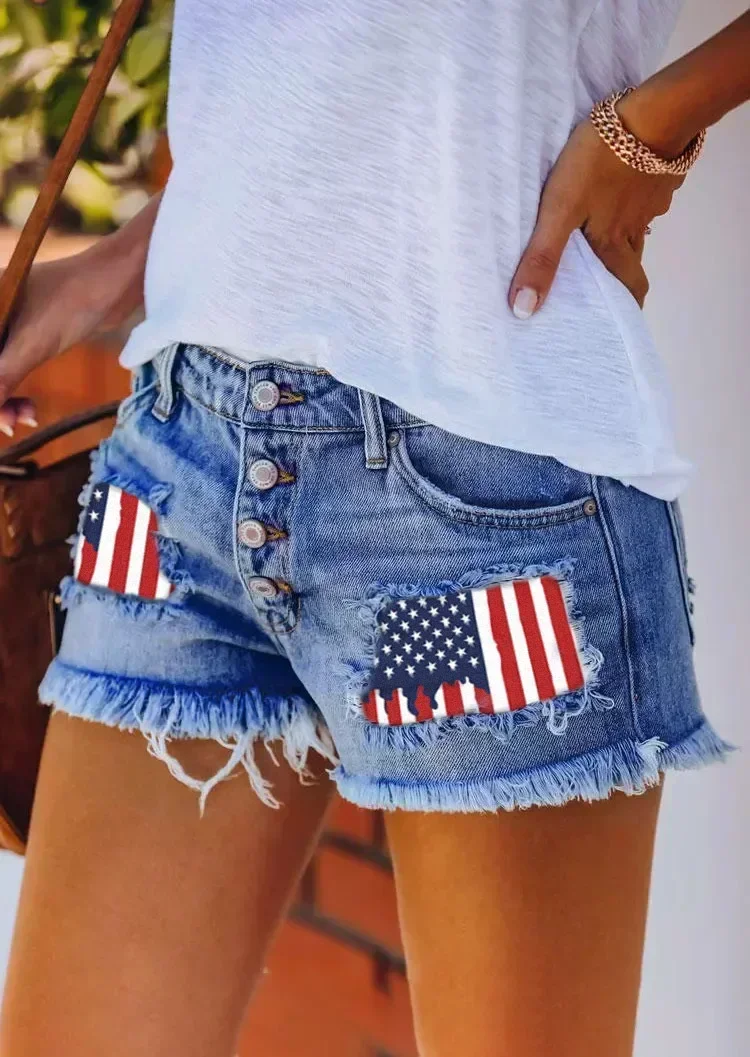 

Summer Short Women Denim Shorts Jeans Washing Tassel Print High Waist Holes Spliced Button Pockets Sexy Slim Fit Distressed 2025