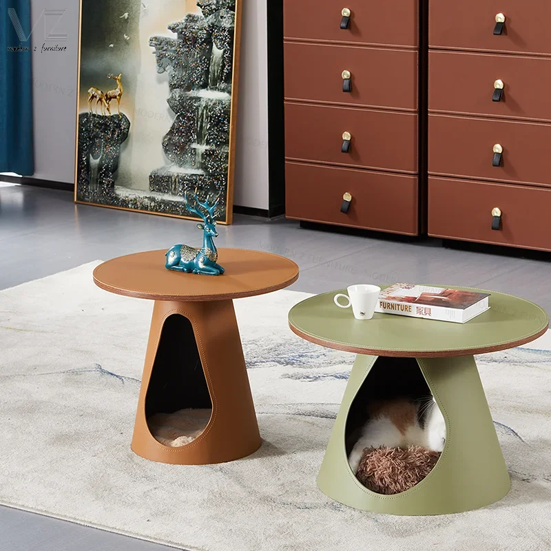 

# Multifunctional Saddle Leather Side Table Set Home Furniture Cat House Bed Coffee Table For Living Room With Cat Bed