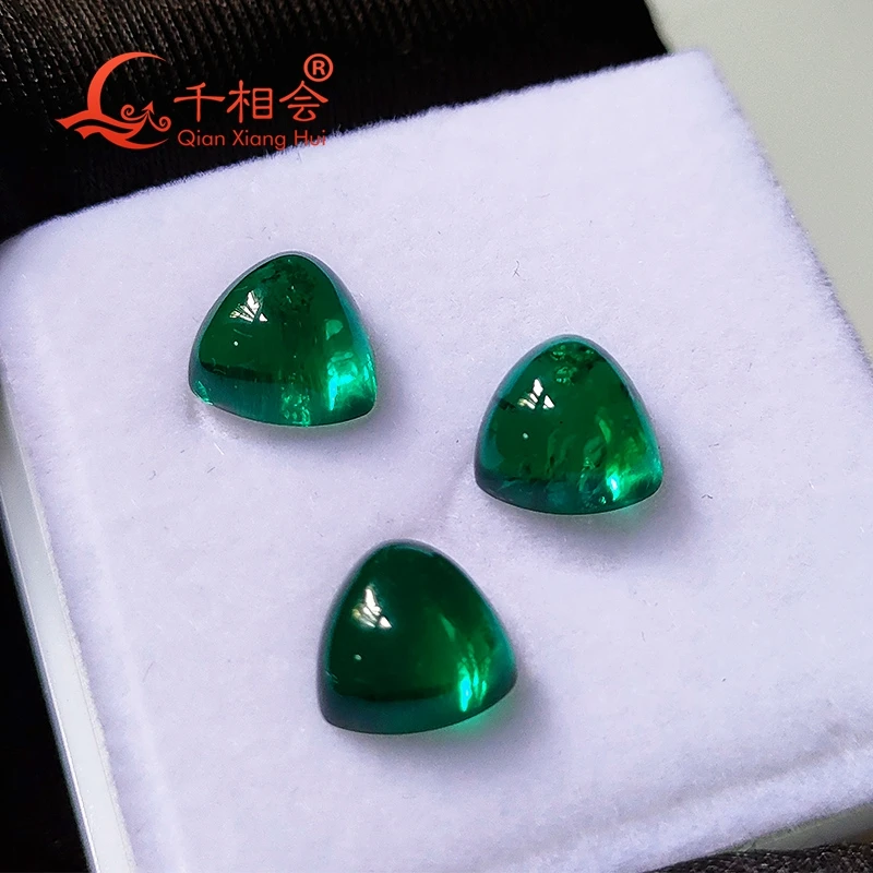 8mm Trillion shape flat back cabochon lab  Grown Hydrothermal emerald green color including minor inclusions loose gem stone