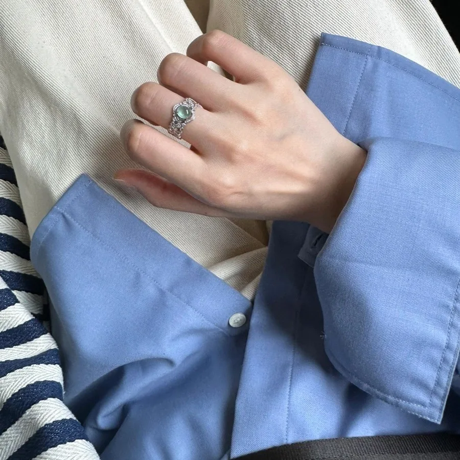 High quality silver 925 inlaid diamonds light luxury mint colored lace ring trend natural ice chalcedony rings for women jewelry
