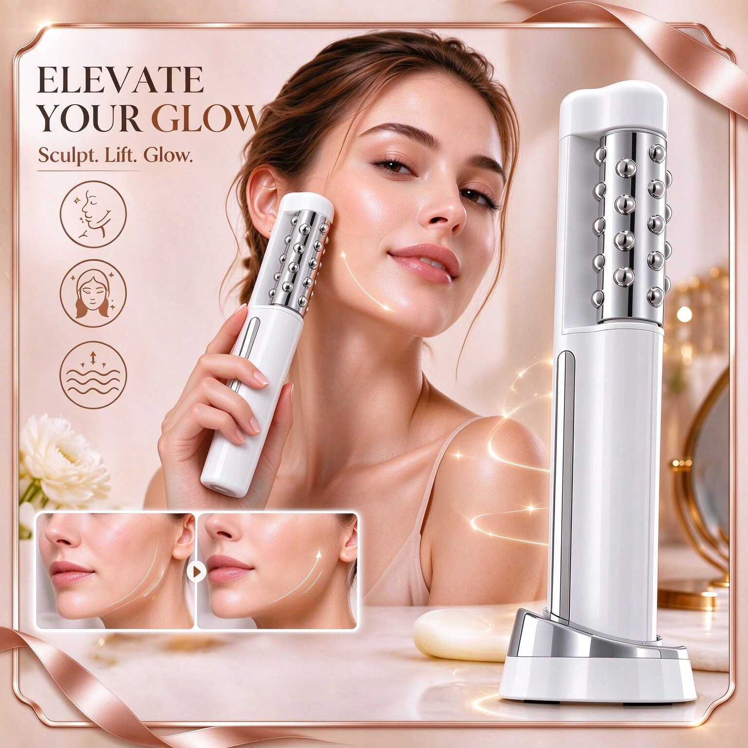 EMS 3D Wave Roller Rotation Massager Luxury Facial Lifting and Massage Stick Beauty Wand Facial Shaping Lifting Skin Tightening