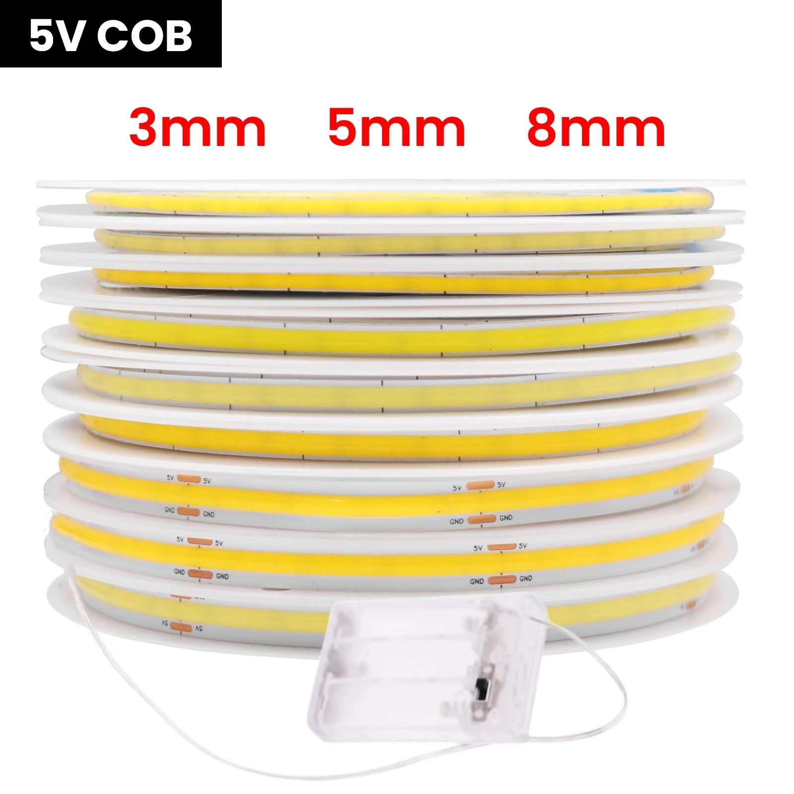 

5V AA Battery COB LED Strip Light 3mm 5mm 8mm Flexible COB Lights 320LEDs High Density Linear Light 8 Colors LED Tape Ribbon