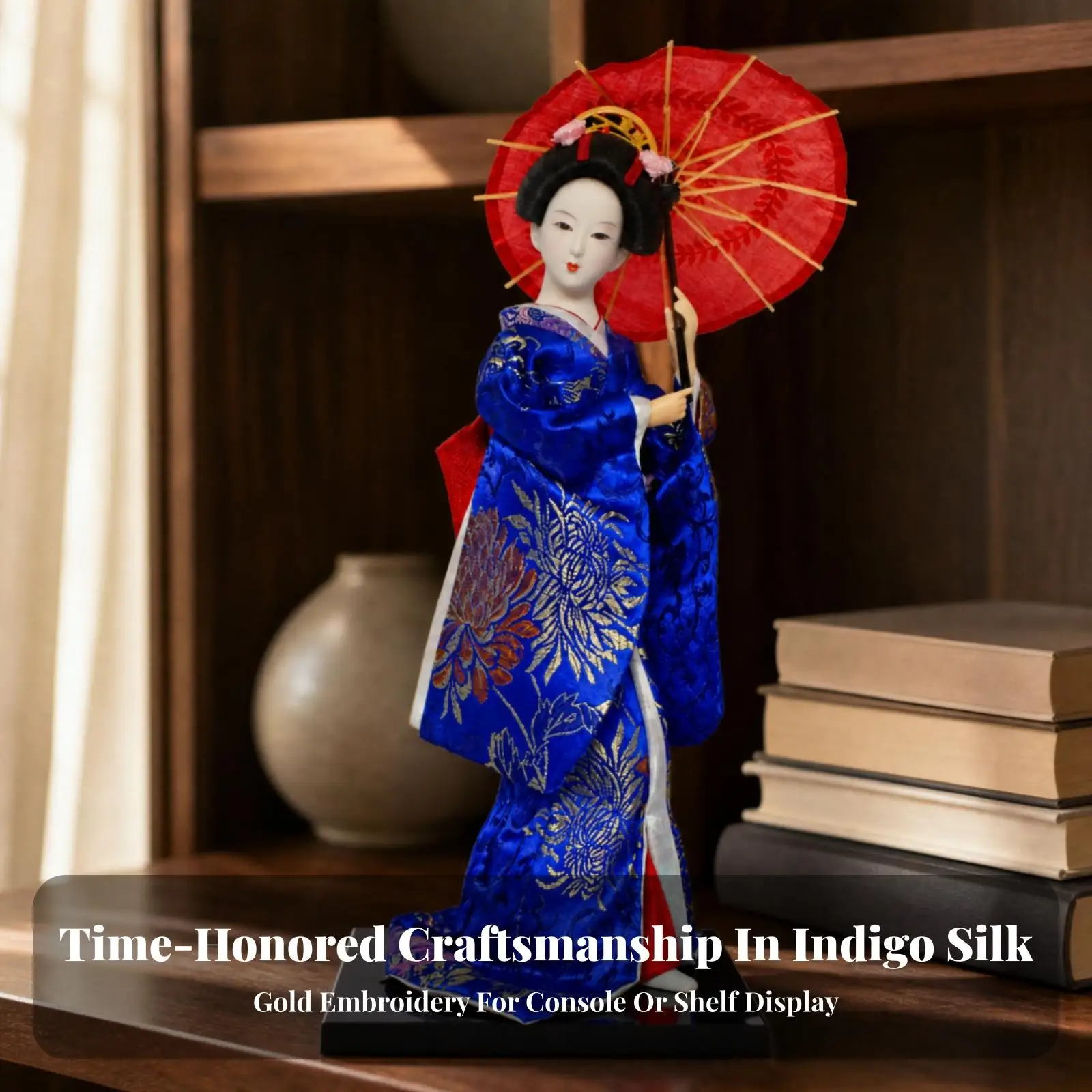 Silk Geisha Doll Japanese Traditional Figurine 12 Inch for Shelf Display Elegant Handcrafted Home Decor Art
