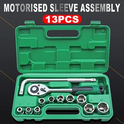 13-Piece Drive Deep Impact Socket Set,Includes ratchet wrench,1/2 Bent Rod, 1/2Ratchet 6 Point 8-27mm and Green Storage Box