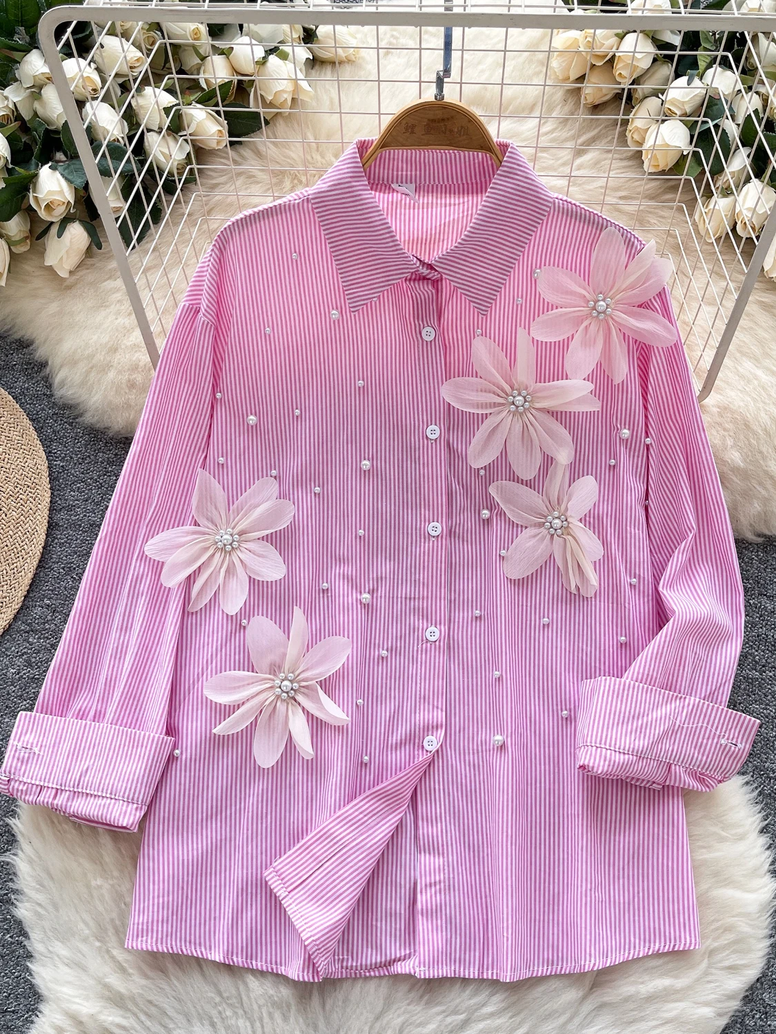 

Летняя женская блузка с длинным рукавом, свободного кроя, с цветочным декором, легкая, в корейском стиле, для повседневной носки, из дышащего полиэфирного волокна