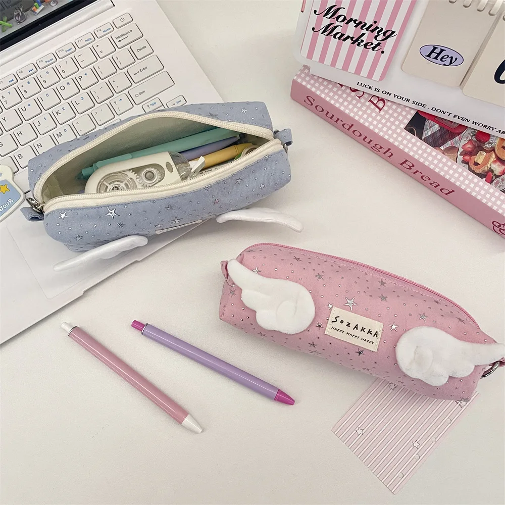 Precious White Pencil Case with Pink Polka Dot Bow Decoration, Spacious Zipper Bag for School Stationery