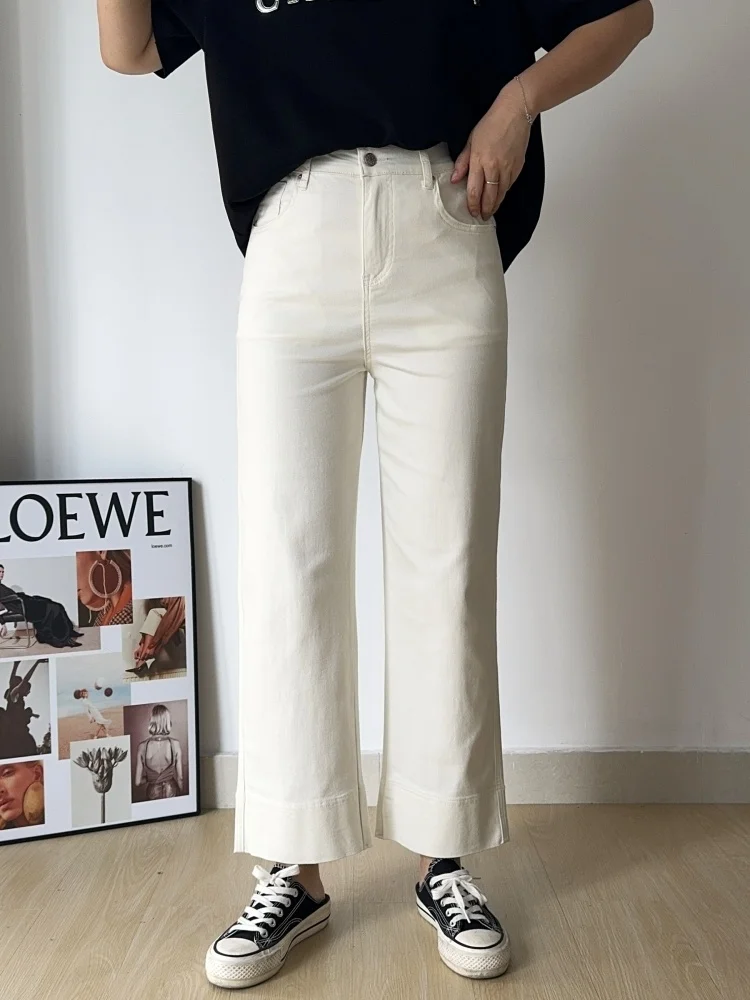 

High Waist Elastic White Denim Jeans Women's Spring Summer Straight Leg Loose Slimming Jeans Cotton Stretch Fabric