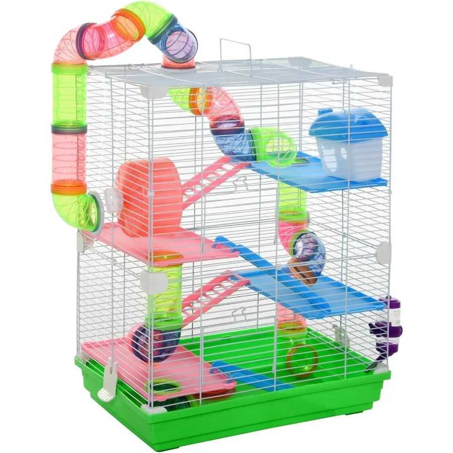 

18" 5 Tier Hamster Cage with Tubes and Tunnels Small Animal Cage with Portable Carry Handle Gerbil Cage with Water Bottle Food