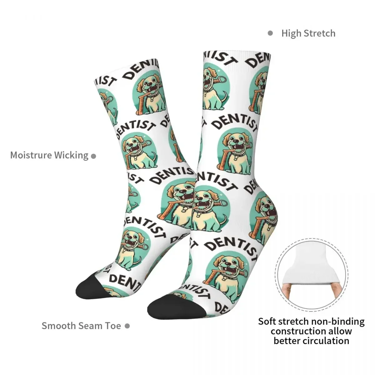 Dog In A Dentist Vintage Ilustration Blue Colors Socks Harajuku Sweat Absorbing Stockings All Season Long Socks for Unisex Gifts