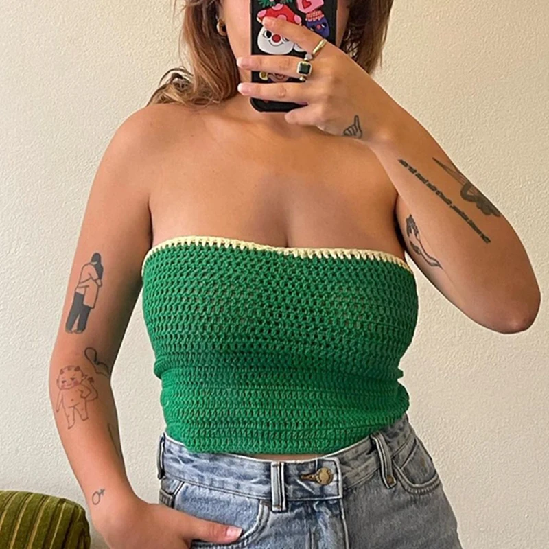 Y2k Frauen häkeln Strick rohr Top sexy träger lose rücken freie Krawatte Crop Top Vintage schulter freie Bandeau Weste Sommer Streetwear