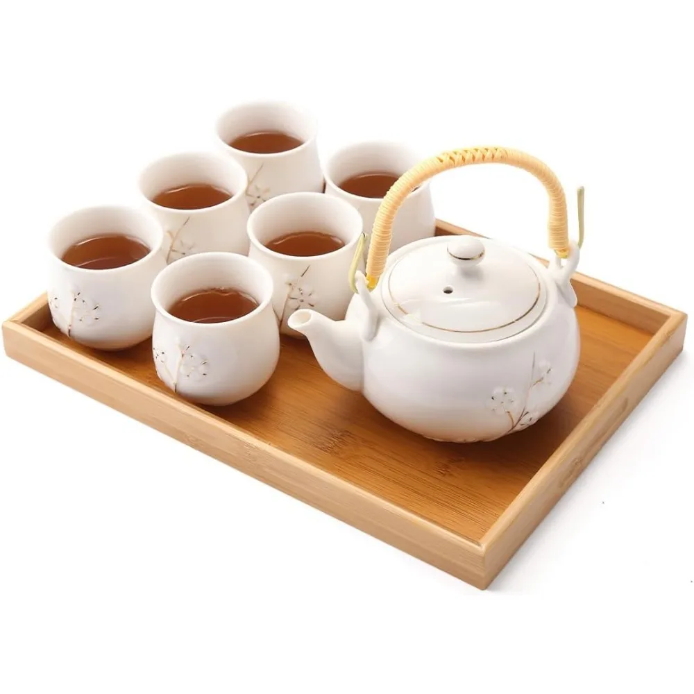 Japanese White Porcelain Tea Set with Teapot 6 Cups Tray Stainless Infuser Plum Design