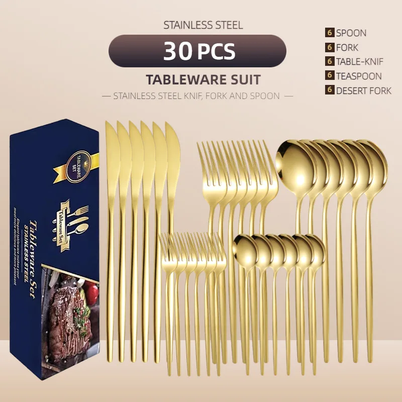 30-piece Set of Stainless Steel Tableware, Knives, Forks and Spoons, Coffee Spoons, Desserts, Spoons and Forks Set