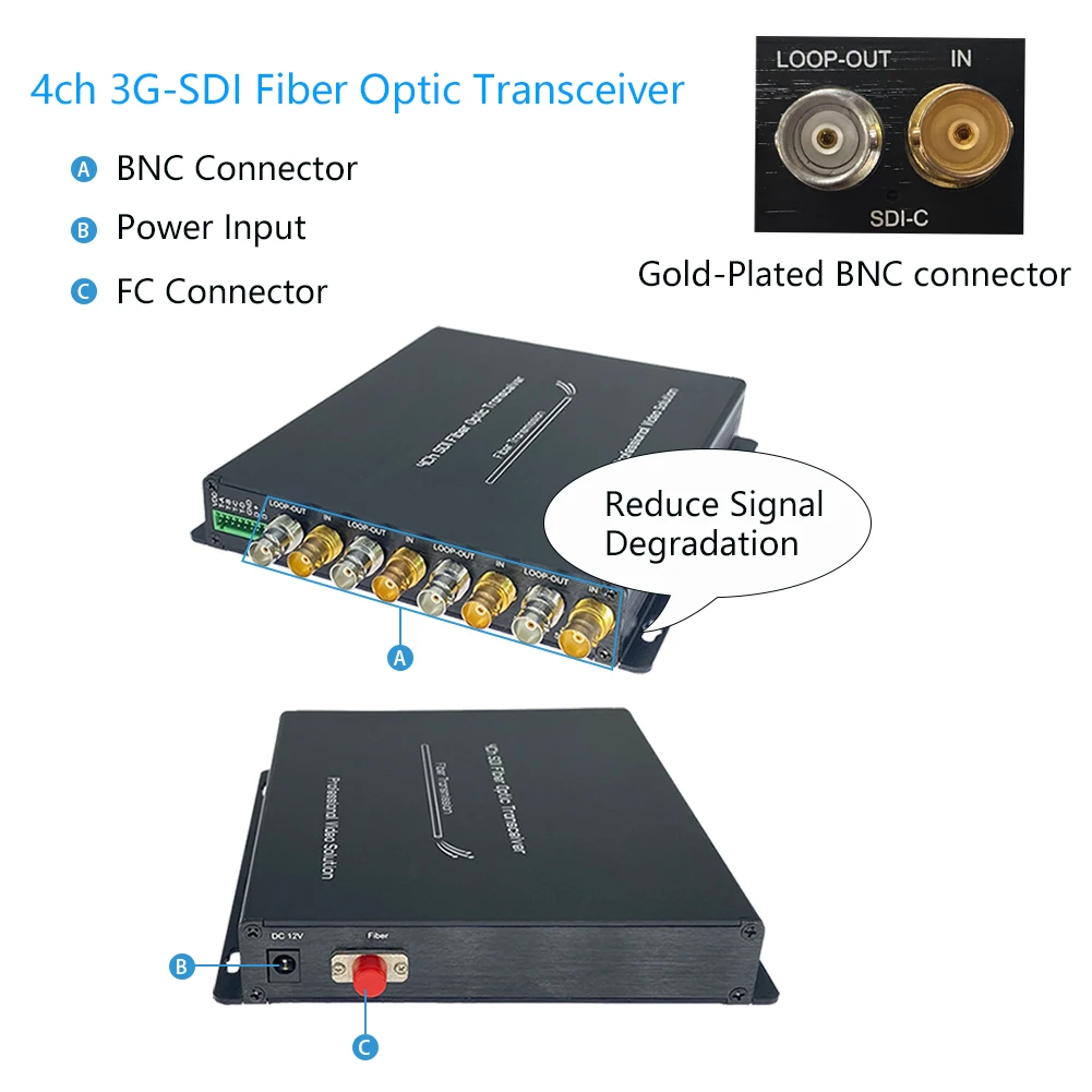 4CH SDI Fiber Optical Transceiver With Loop Output Record RS485 HD/3G-SDI Over Single Fiber Converter Optical Extender Mode 20km