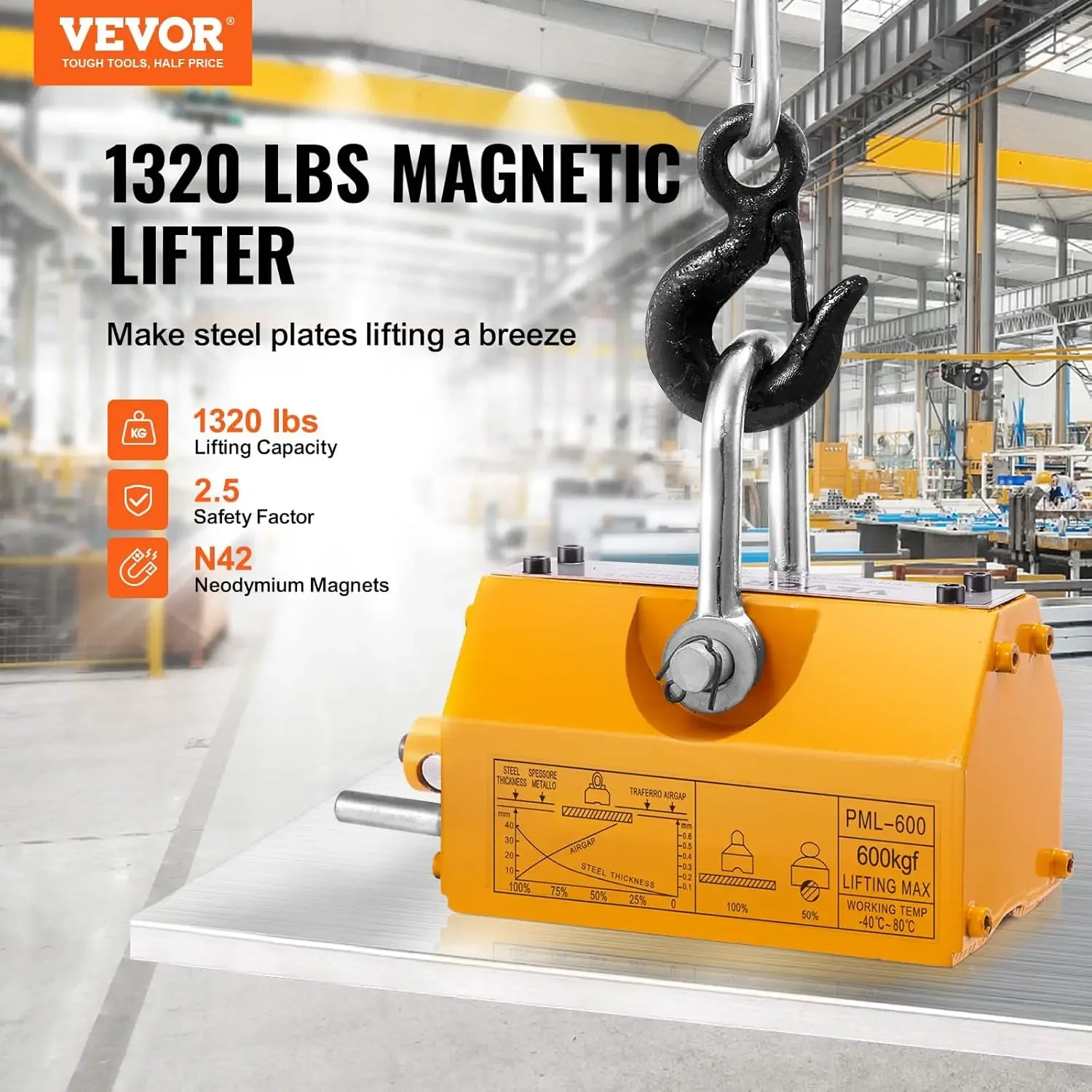 Magnetic Lifter, 1320 lbs/600kg Pulling Capacity, 2.5 Safety Factor, Neodymium & Steel, Lifting Magnet with Release