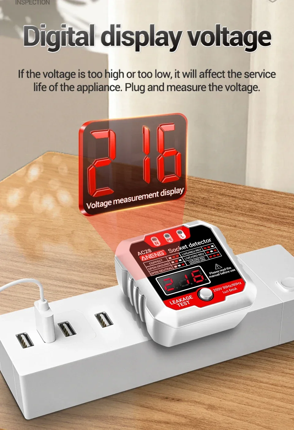 ANENG AC28 Digitaler Steckdosen-Leistungstester, Leistungsschalter-Finder, EU/US-Stecker, 250 V, 50 Hz/60 Hz, Steckdosen-Polaritätsdetektor, Spannungsprüfer – Detail 4