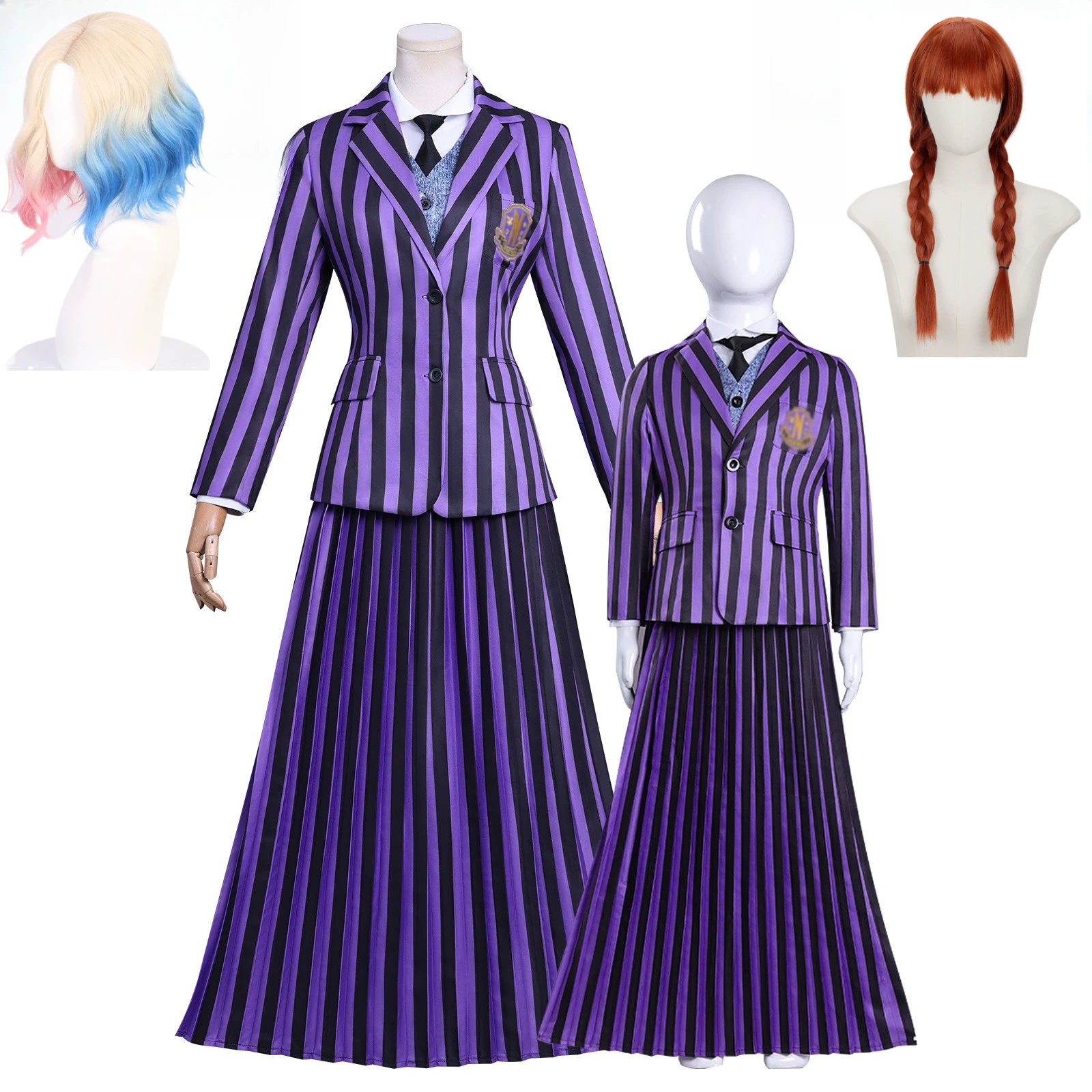 

Enid Sinclai Bianca Agnes Wednesday Costume Wig Girls School Uniform Goth Black Purple Stripes Coat Lolita Halloween Christmas