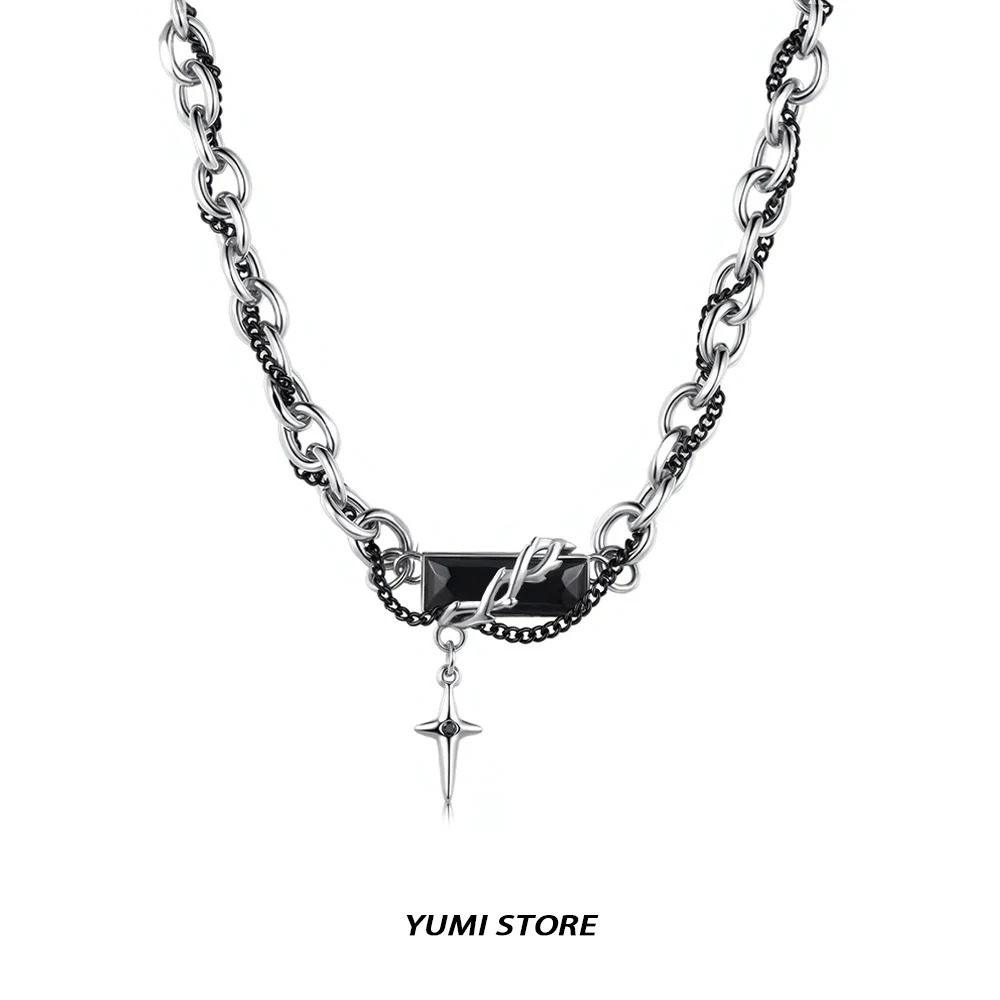 

Punk Thorn Obsidian Cross Pendant Necklace For Man Woman Original Design No Fading Steel Sweater Chain Luxury Couple Jewelry