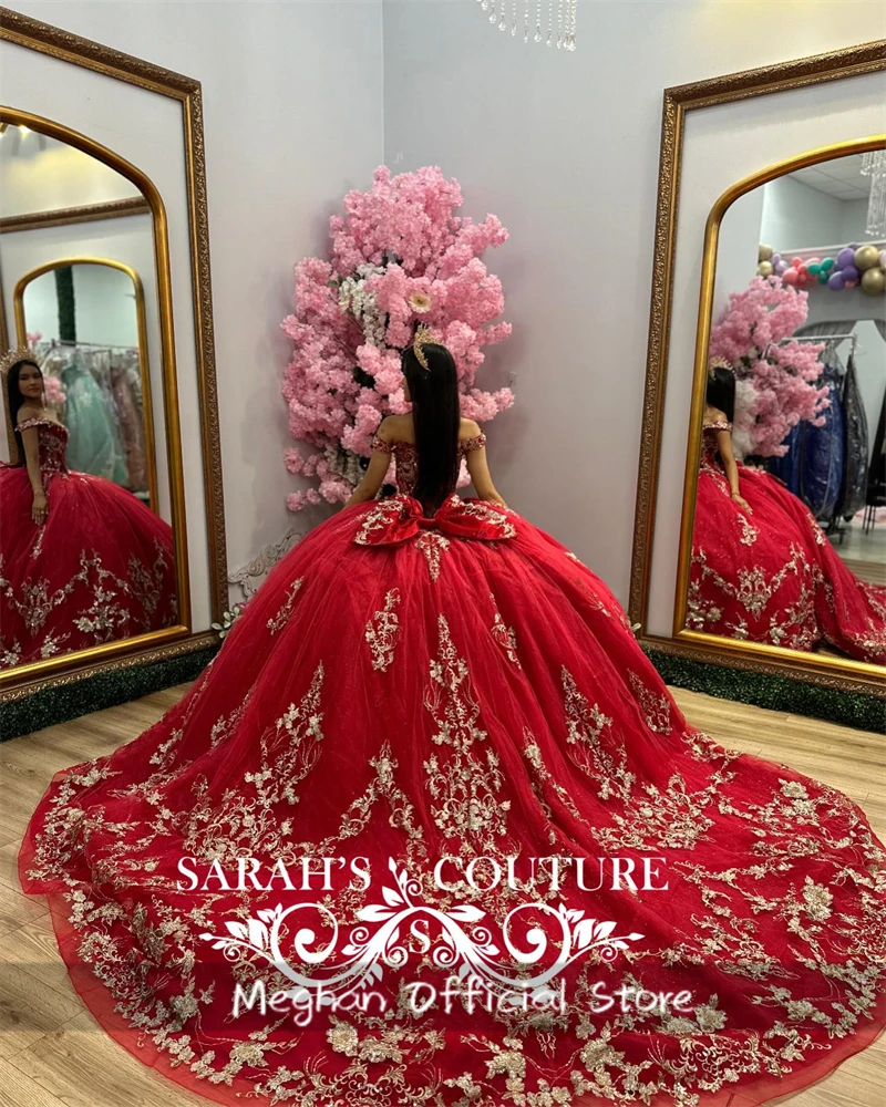 Vestido de quinceañera con hombros descubiertos, traje de baile rojo con apliques de cuentas, vestido de lujo de cumpleaños, vestido Formal con lazo plisado, dulce 15 16, 2024