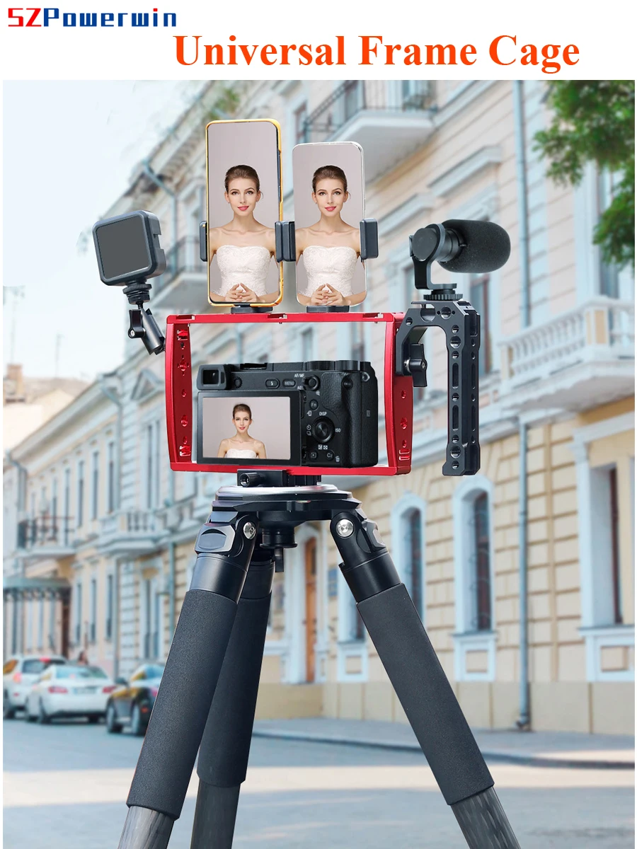 Powerwin CNC aluminio multifunción extensión marco jaula zapata fría para GoPro DSLR cámara SLR Vlog teléfono micrófono luz LED