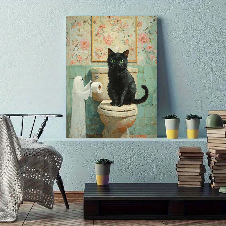 A black Cat Sits On A Toilet With A Ghost Offering Toilet Paper Posters, Cute Ghost, Halloween Print Painting, Home Toilet Decor
