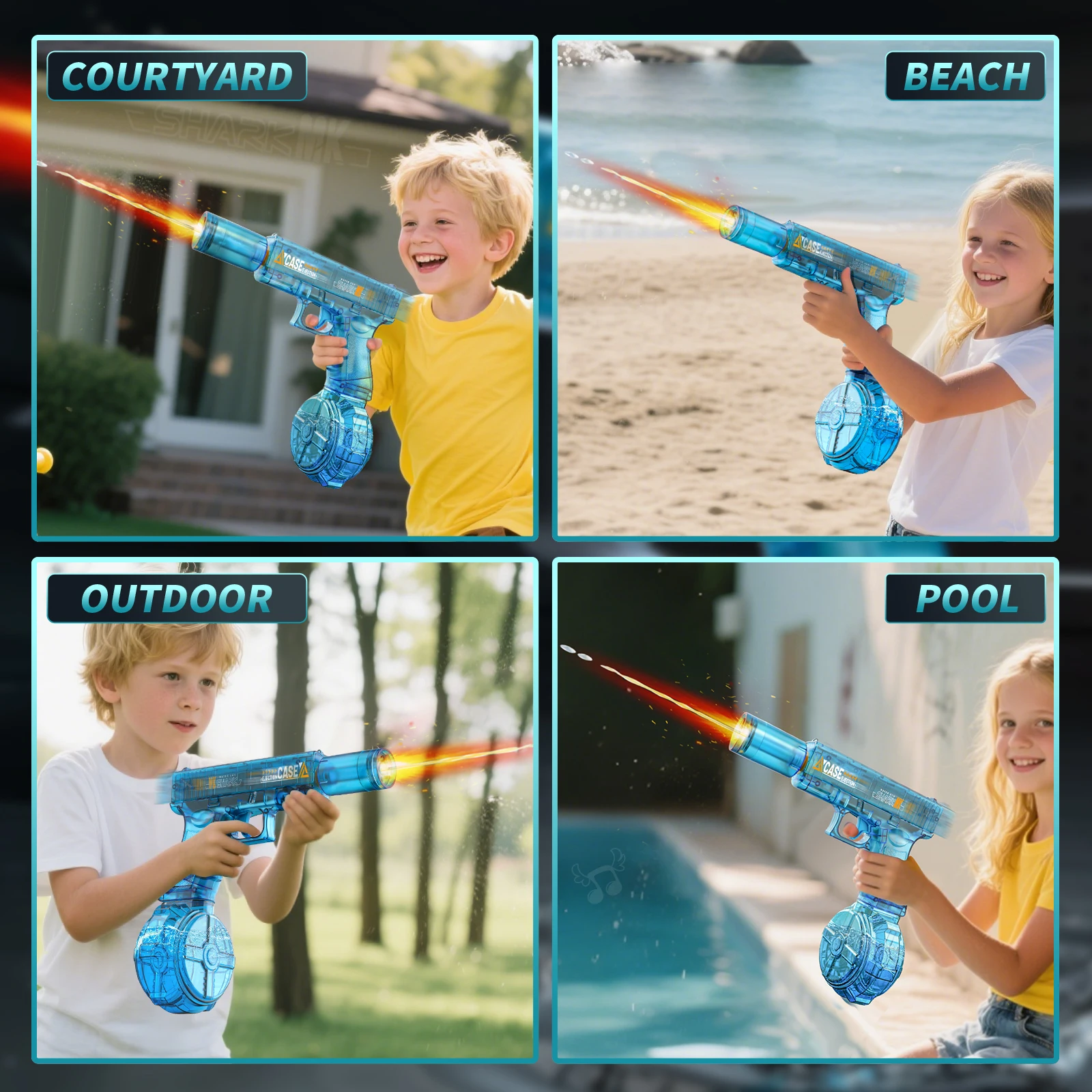 Elektrisch waterblauw pistool, automatisch spuit met pistool Realistisch pistool Snuitvlam Zomer buitenstrand Zwembadfeestspeelgoed