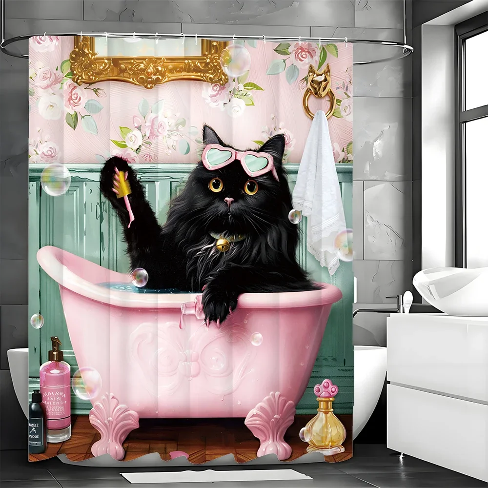 Black cat with sunglasses sitting in tub painting nails funky shower curtain, bathroom decorative shower curtain, waterproof sho