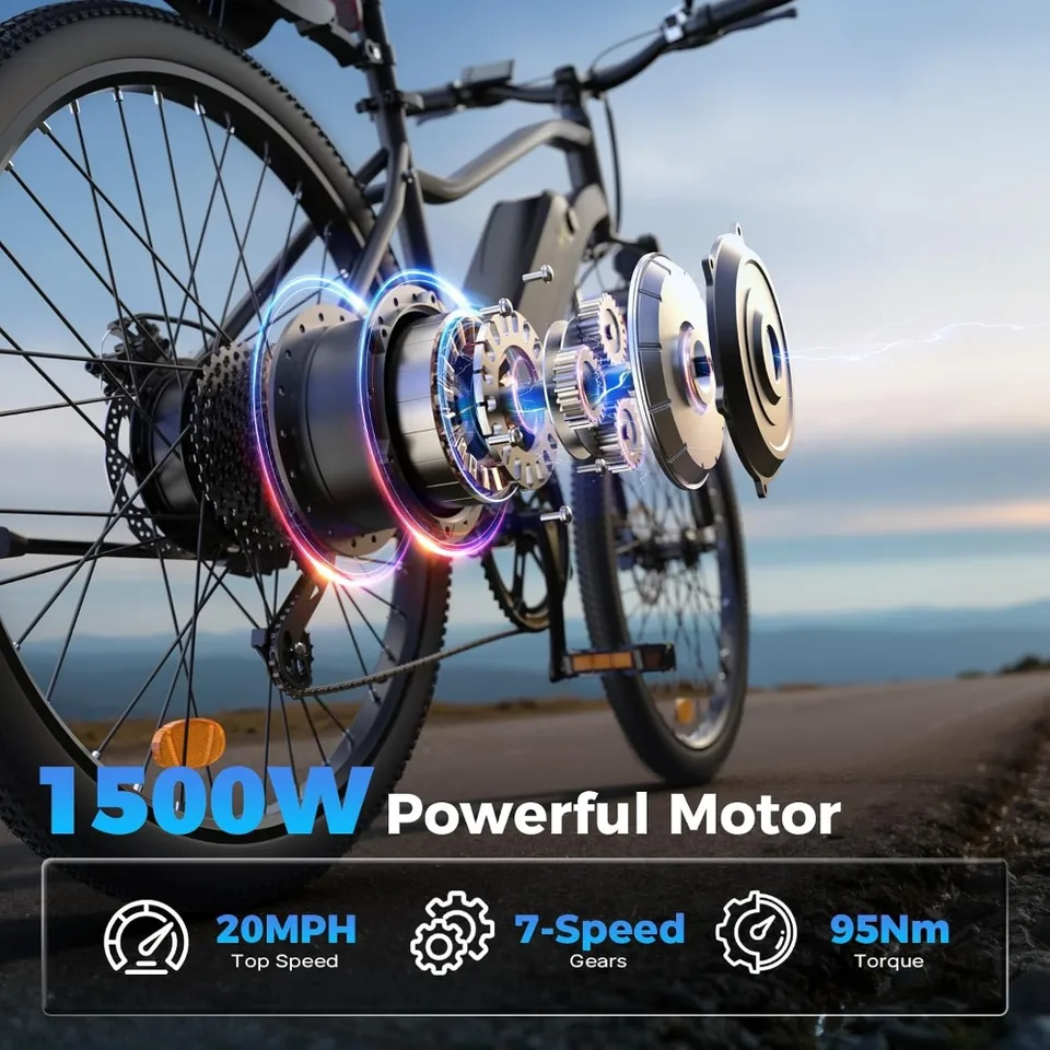 750W 1000W Peak Electric Bicycle 26 Inch Adult Commuter E Bike 60 Miles Range 20MPH 5 Speed Removable Battery Shock image 3