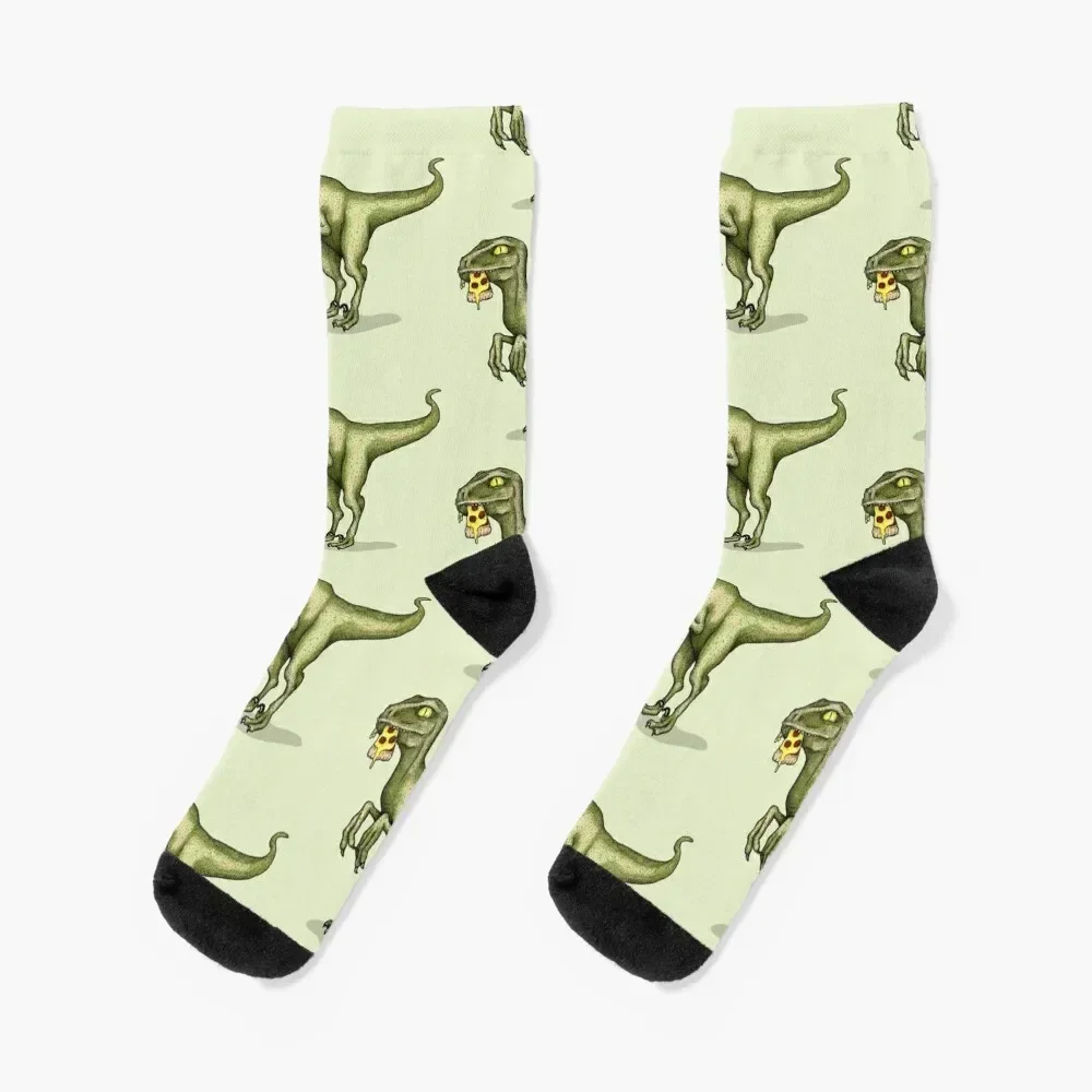 Raptor dinosaur eating pizza slice Socks basketball ankle aesthetic Socks Man Women's