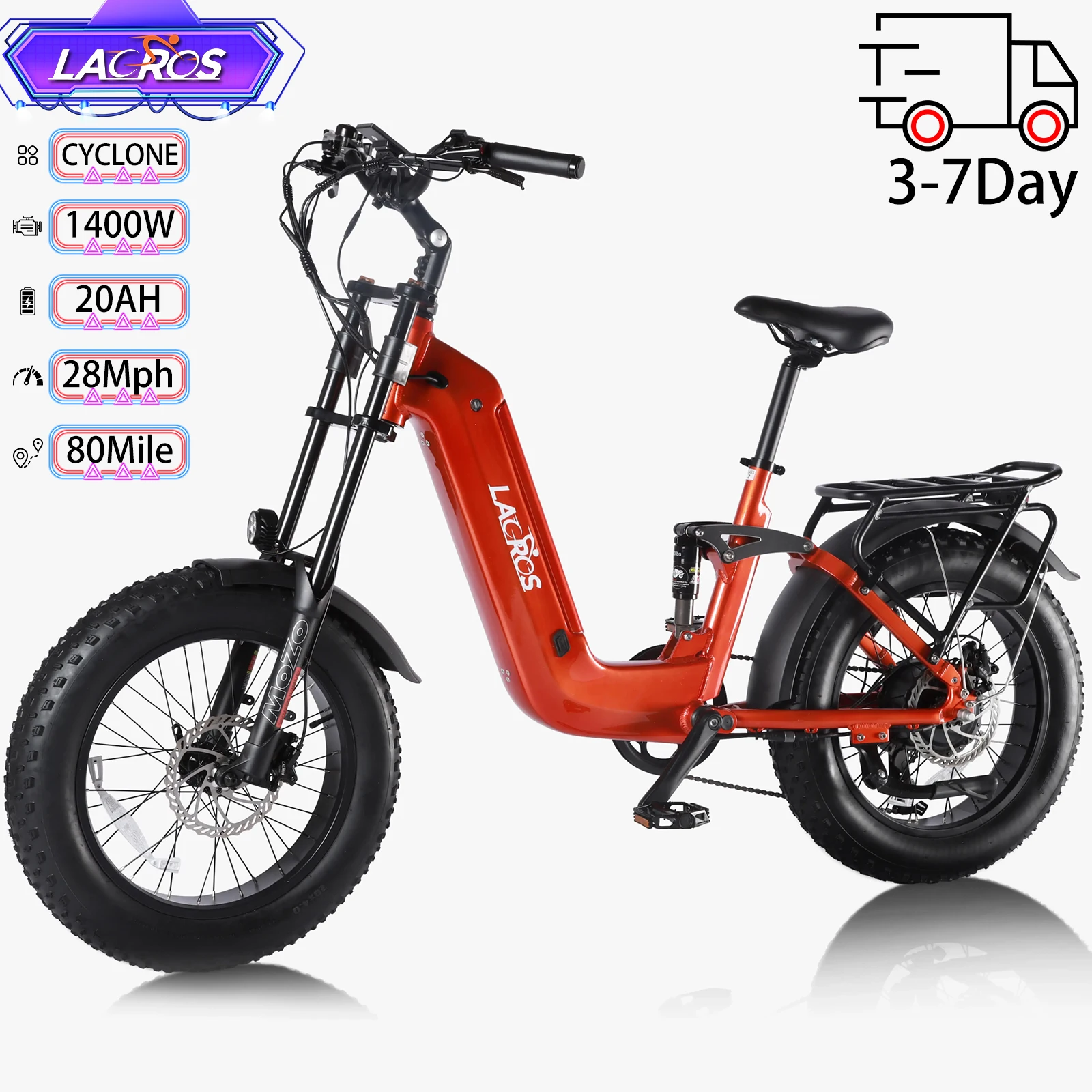 

Электрический велосипед LACROS CYCLONE 20x4,0 дюйма, 1400 Вт, 28 миль, 48 В, 20 Ач, 80 миль, 7 скоростей, для взрослых, унисекс, городской электрический велосипед, новый