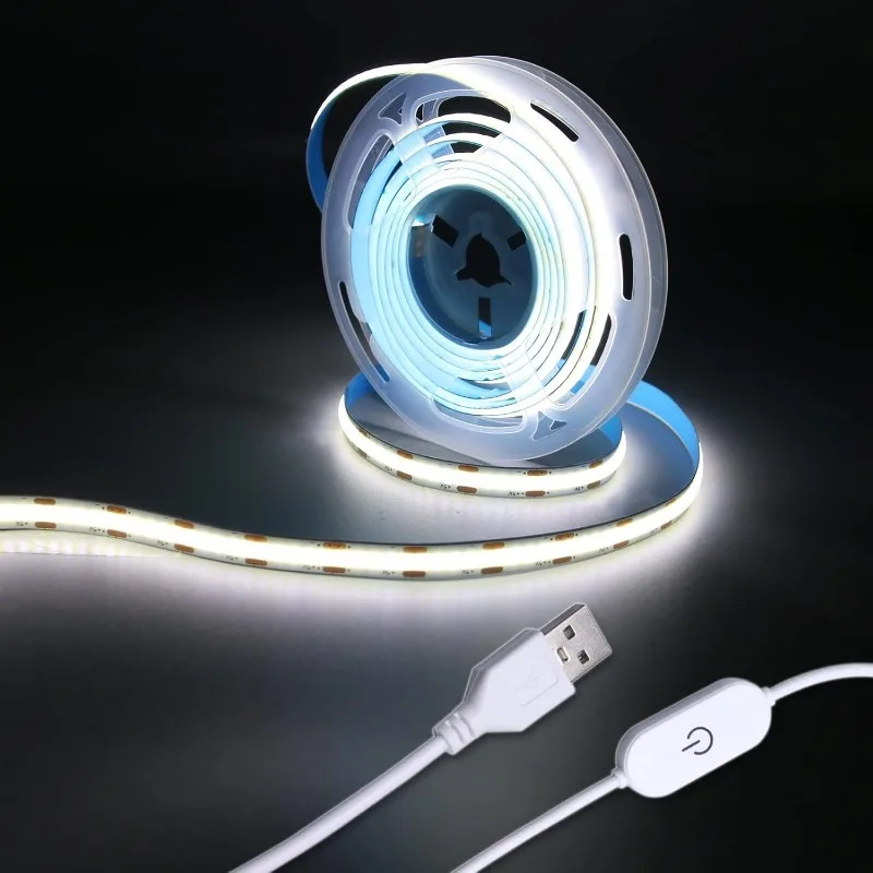 

Светодиодные ленты 5 В USB 6,56 футов/2 м 640 светодиодов Сенсорные бесступенчатые регулируемые светодиодные ленты USB COB 6000 К Белый 10 Вт Гибкий светодиодный светильник 5 В