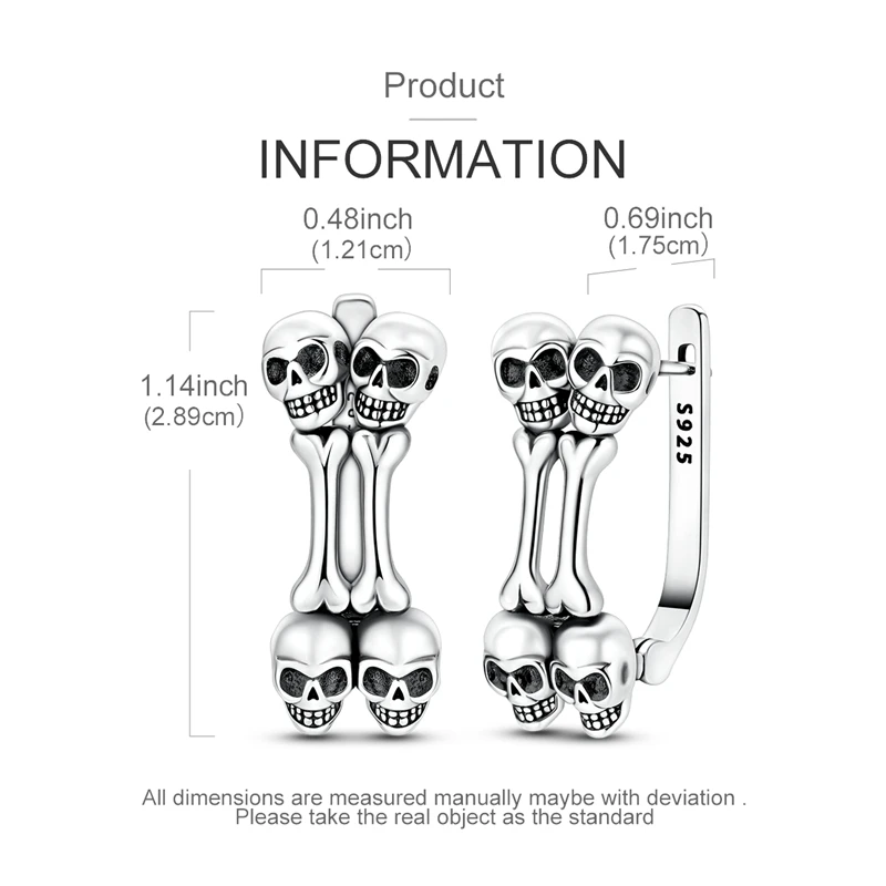 Halloween Skeleton Bone Skull 925 Sterling Silver Hoop Earring U Shape Pendientes Woman Jewelry 4
