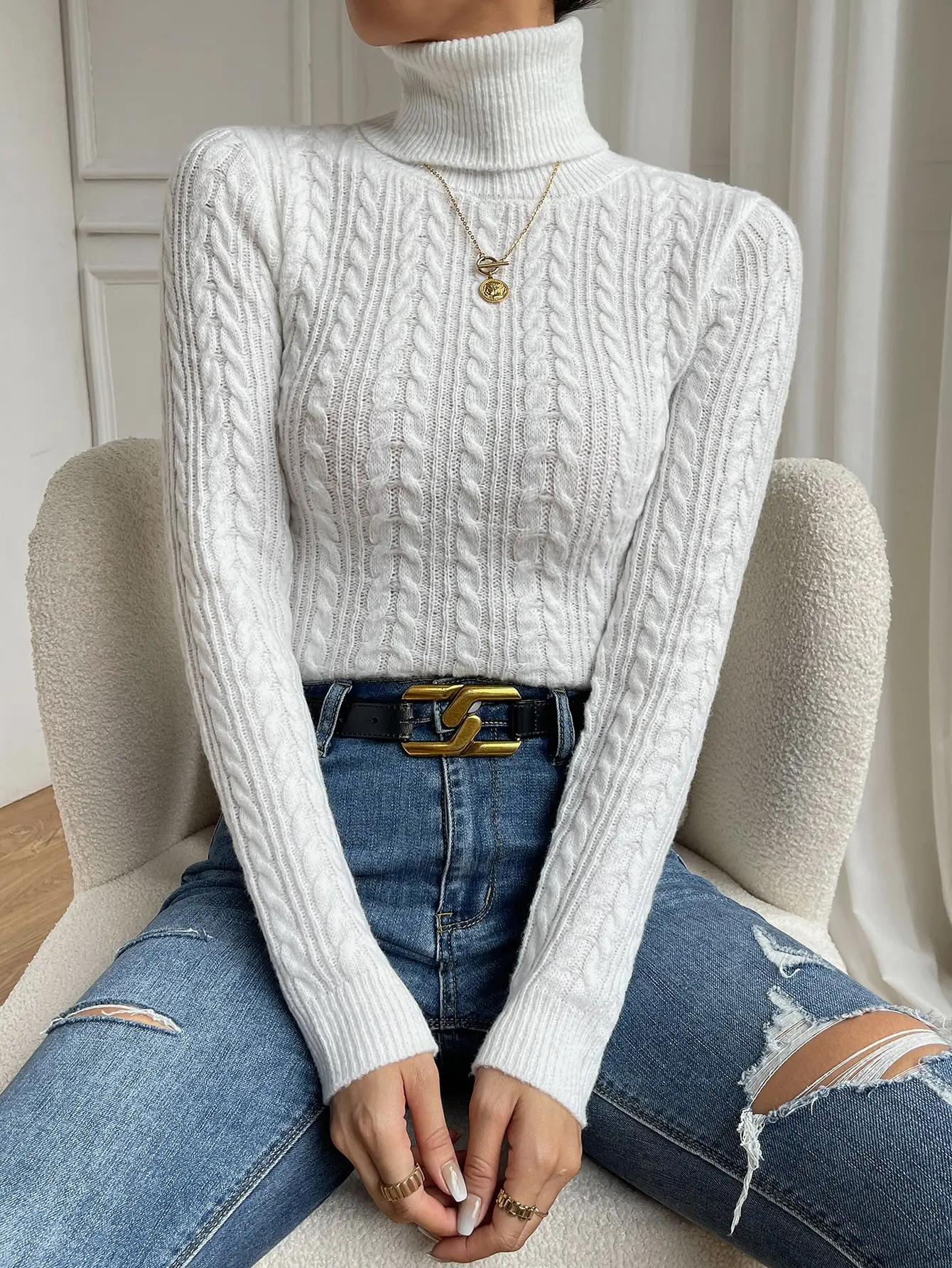 

Women's White Cable Knit Turtleneck Sweater, Long Sleeve, Slim Fit for Autumn Winter Casual Wear
