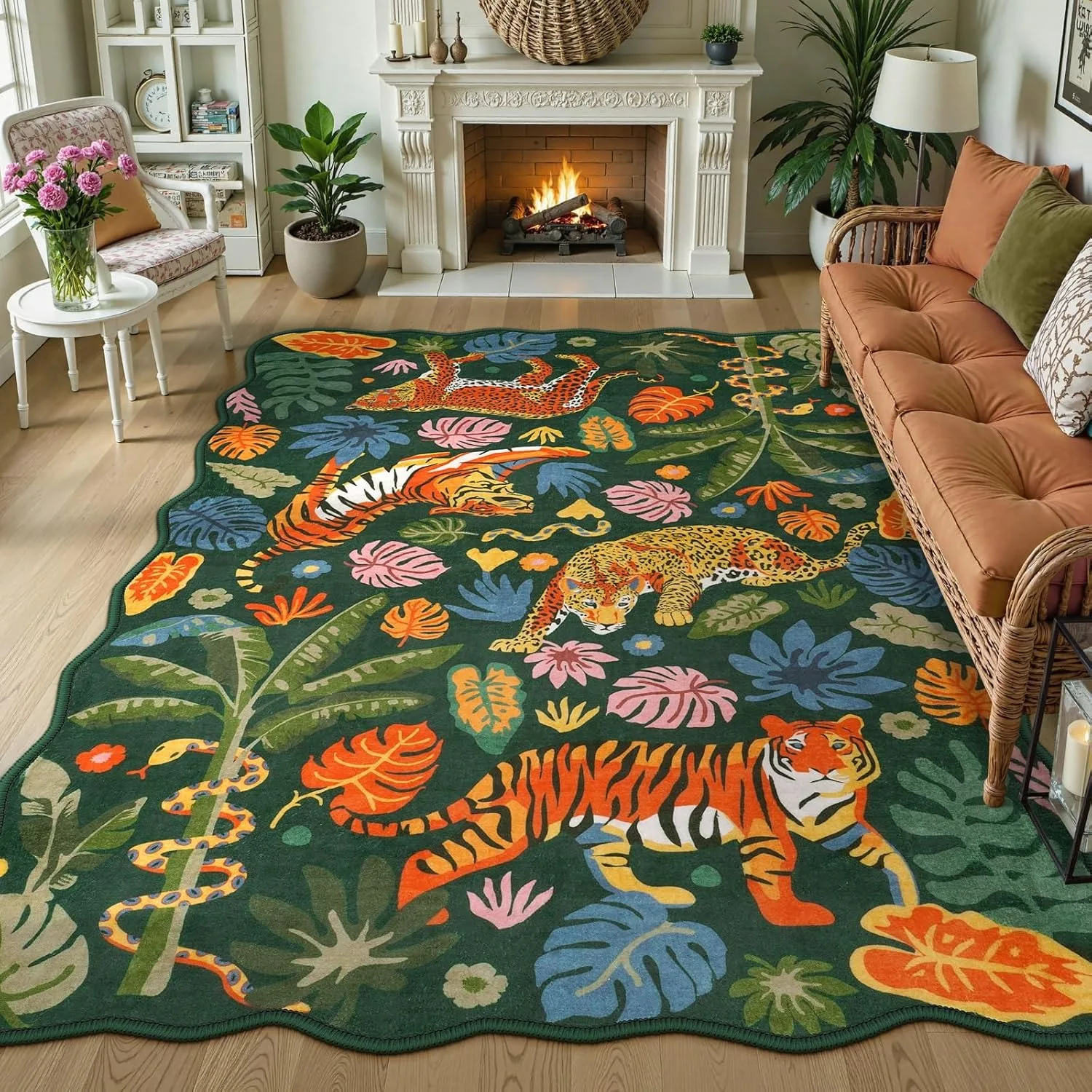 

American Living Room Carpet Large Machine Washable Floor Mat Dark Green Jungle Tiger Rug Retro Home Decoration Rugs for Bedroom