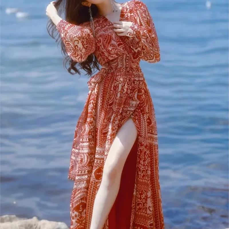 

Floral Bohemian Dress for Women Super Fairy Island Holiday Sanya Seaside Beach Long