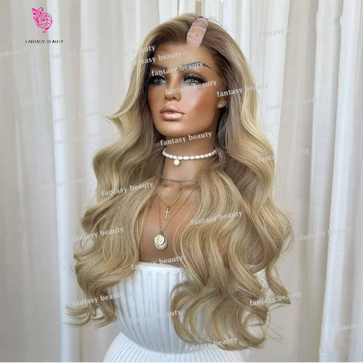 Ombre V Part Light Blonde lace front wig 100% human hair Wig comfortable up brown body wave Peruvian hair 250% density 28 inches