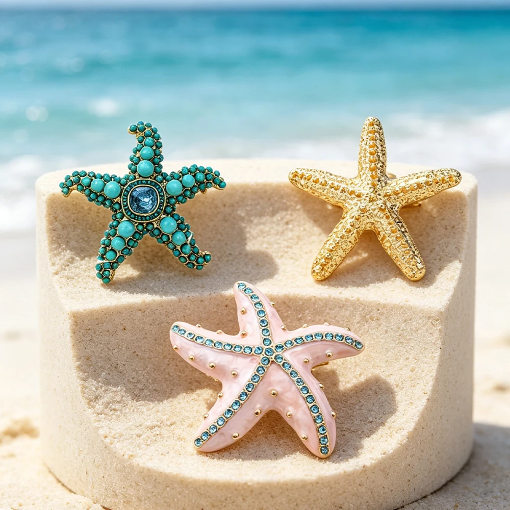 Multi-Design Coastal Starfish Brooch Trio Rhinestone Encrusted Pink Enamel Hammered Gold Craft Details Jewelry Accessory
