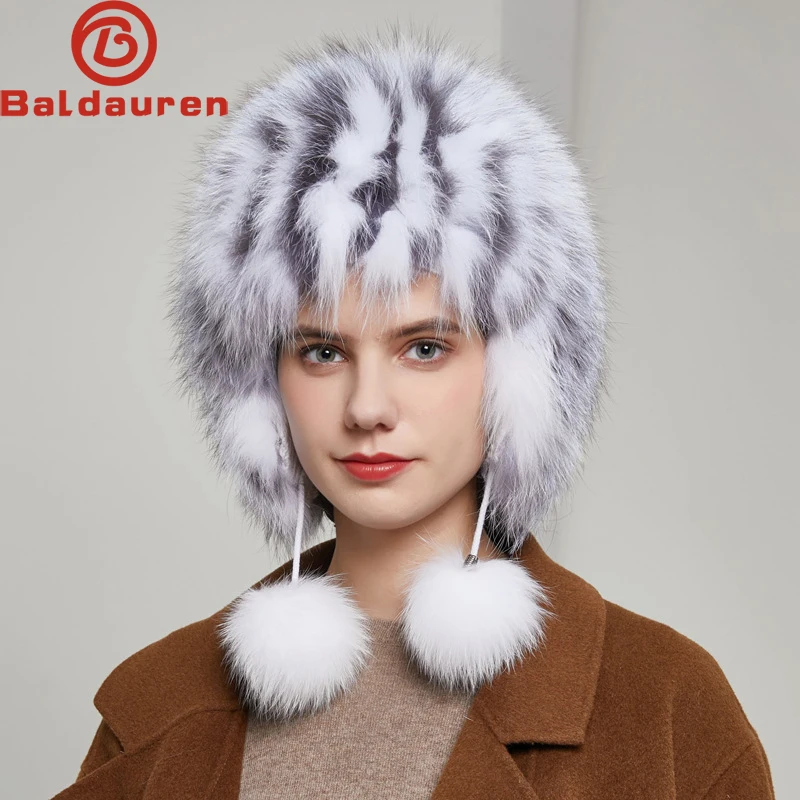 

2025 Hot Sale 100% Natural Silver Fox Fur Women Winter Hat Knitted Cap Women Hat Fox Fur Bomber Hat Female Ear Warm Winter Must