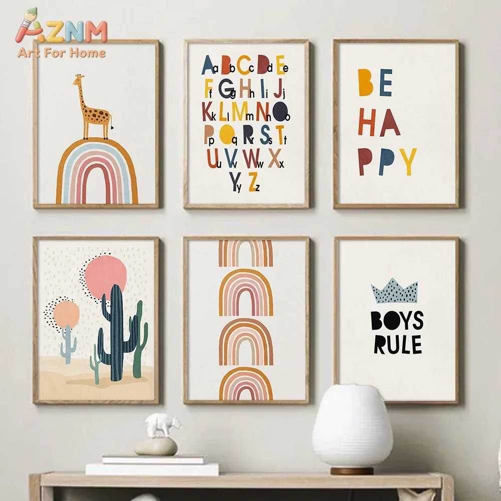 Rainbow Alphabet Poster Educational ABC Letter Canvas Painting Baby Gift Wall Art Print Picture For Kids Room Boho Nursery Decor