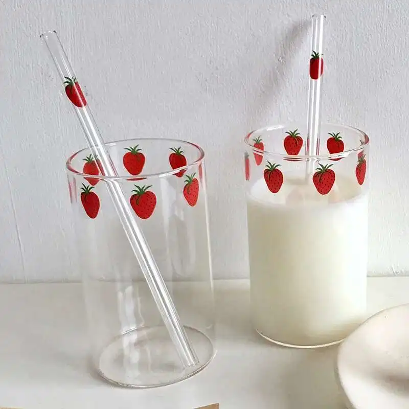

300 ML High Borosilicate Cute Strawberry Water Milk Drinking Glasses Cup with Straw Upgrade Thickened Version Gift