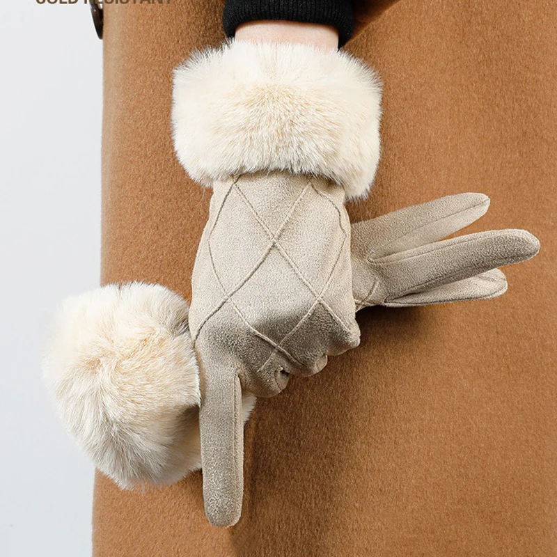 النساء الشتاء الدفء شاشة تعمل باللمس الجلد المدبوغ شعرية قفازات شعر المعصم موضة أنيقة مزاجه يندبروف محرك #1