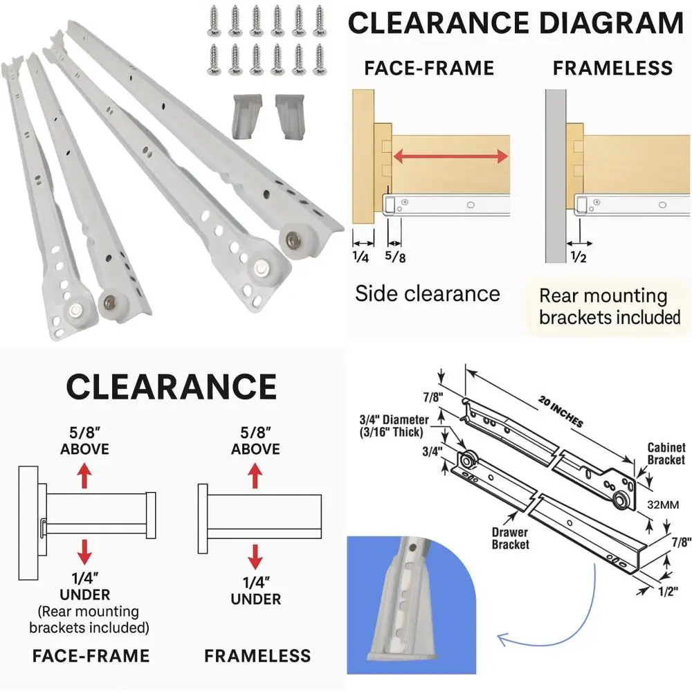 شرائح أوروبية شديدة التحمل بسعة 75 رطل، 20 بوصة، عبوة من 8 قطع، مناسبة لإطار الوجه والخزائن بدون إطار، لفة باردة مطلية بالمسحوق