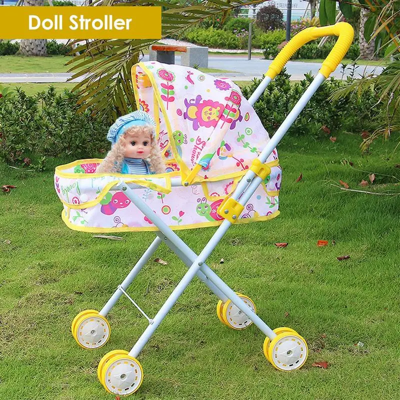 Versatile Doll Stroller Foldable With Canopy Kid Stroller Dress Girls Stroller Ages 3+ Kids Gift Toy Girl Doll Accessories Girls