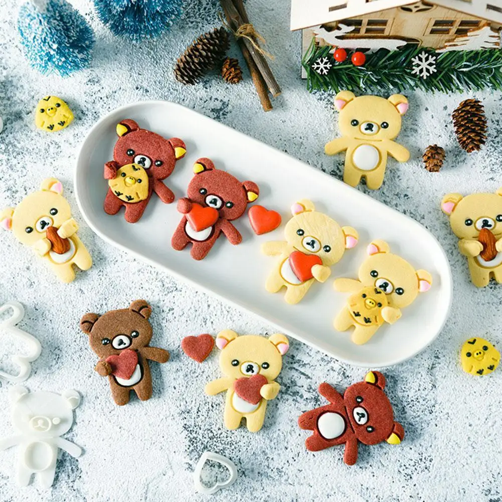 Cute Rilakkuma Bear Biscuit Mold Cartoon Animal Heart Cookie Cutter Fondant Pastry Embossing Forms Valentine's Day Baking Tools